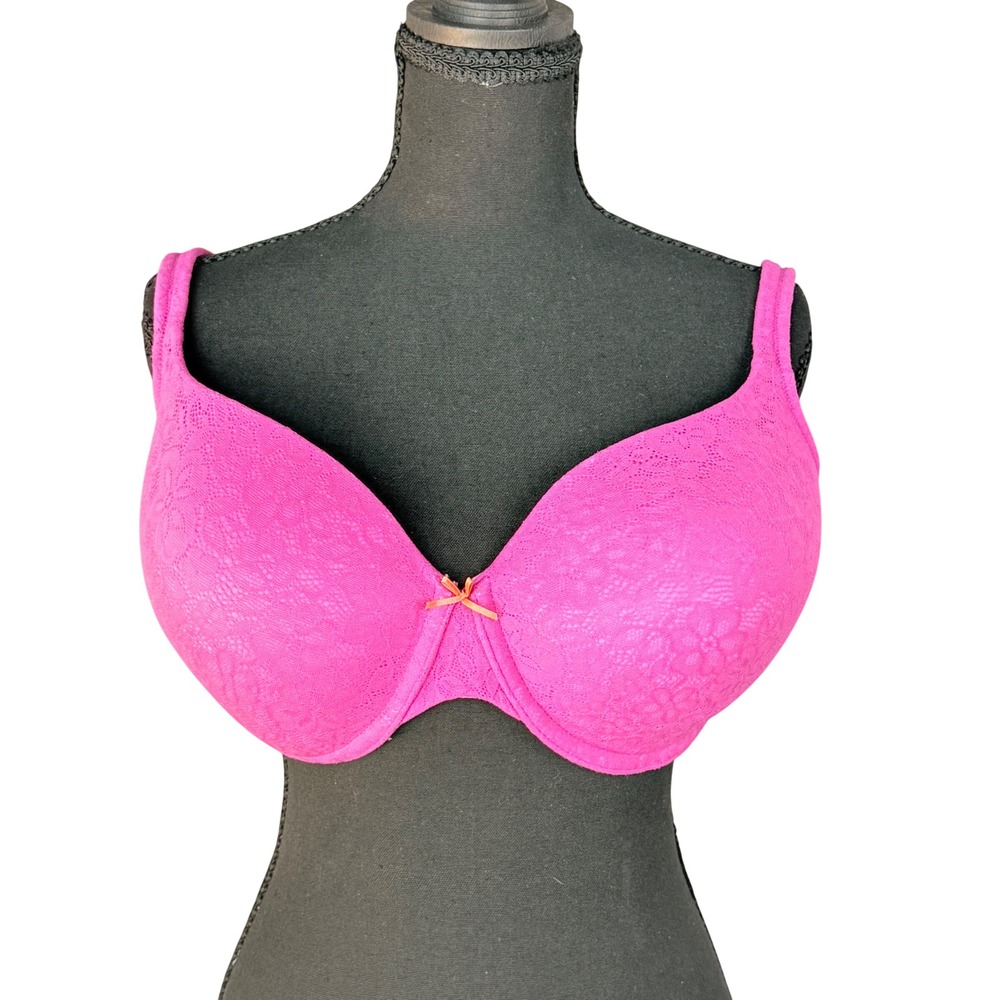 Cacique Pink Floral Lace Lightly Lined T-Shirt Bra 34G Orange Trim Underwire